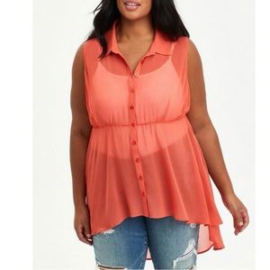 Torrid Orange Sheer Button Front Babydoll Sheet Chiffon Sleeveless Tunic‎ 2X